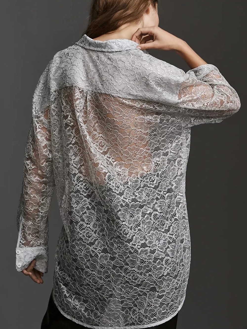 By Anthropologie Metallic Lace Buttondown Shirt Sz XS GRAY Part Top Long Sleeve - Picture 2 of 14